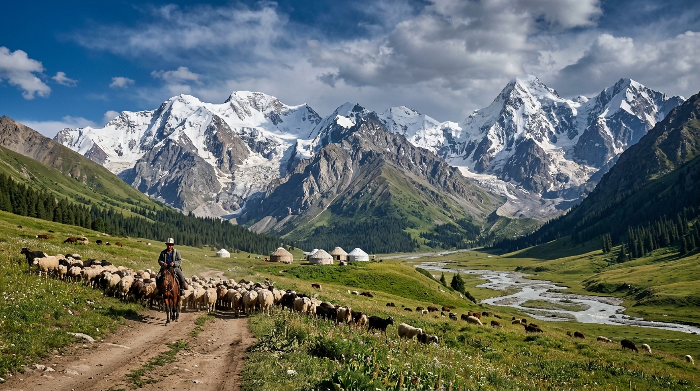 Tian Shan range with snow-covered peaks
